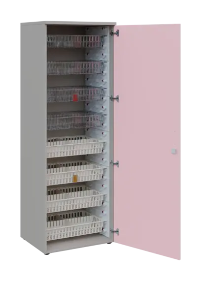 EUROMEDICA D - 66/M skříň léková boxová, 1-dveřová, pravá, 1950x660x535, korpus šedý, dvířka pastelově růžová